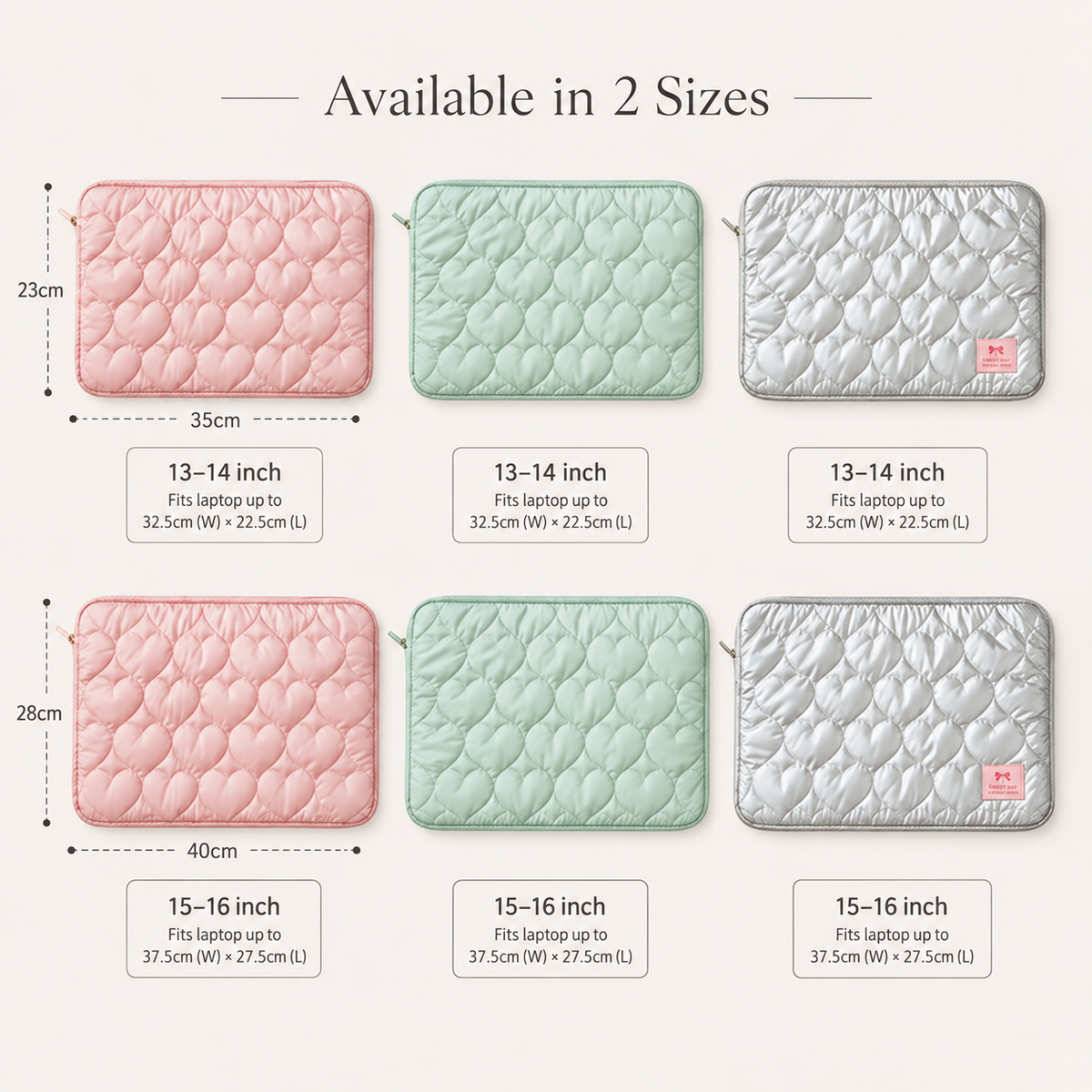 A size chart graphic showing quilted cushion covers in three colors: pink, mint green, and light gray. The image displays two sets of sizes: 13-14 inch and 15-16 inch, with dimensions (35cm x 23cm and 40cm x 28cm respectively) and text indicating they fit laptops up to 32.