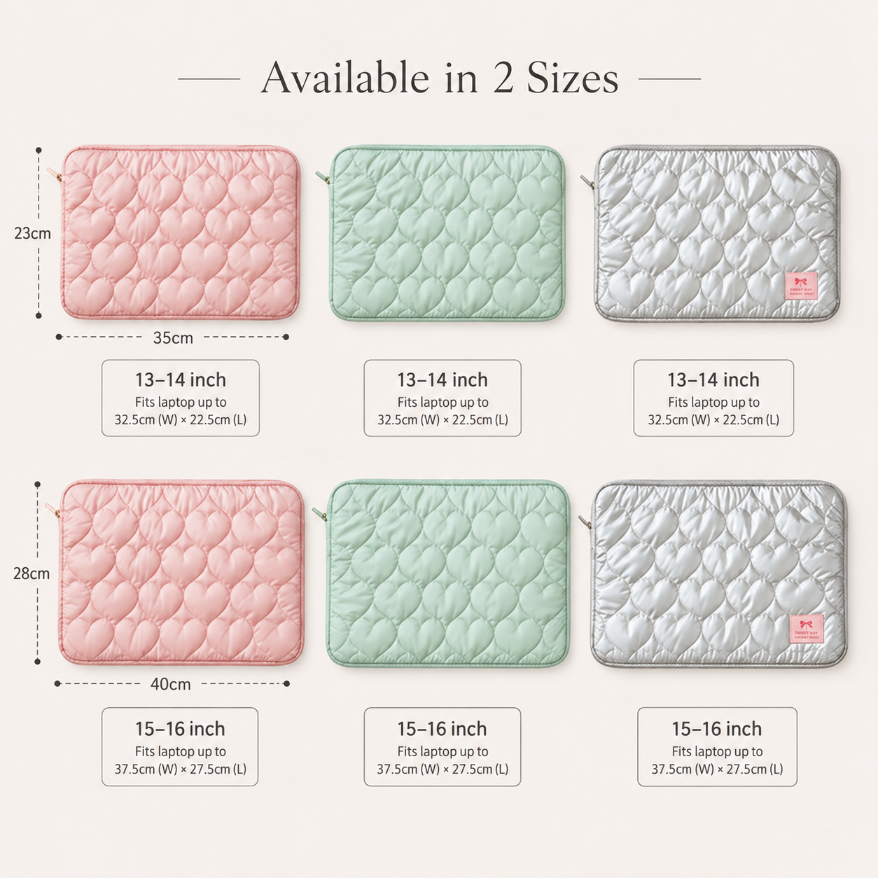 A size chart graphic showing quilted cushion covers in three colors: pink, mint green, and light gray. The image displays two sets of sizes: 13-14 inch and 15-16 inch, with dimensions (35cm x 23cm and 40cm x 28cm respectively) and text indicating they fit laptops up to 32.
