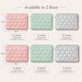 A size chart graphic showing quilted cushion covers in three colors: pink, mint green, and light gray. The image displays two sets of sizes: 13-14 inch and 15-16 inch, with dimensions (35cm x 23cm and 40cm x 28cm respectively) and text indicating they fit laptops up to 32.