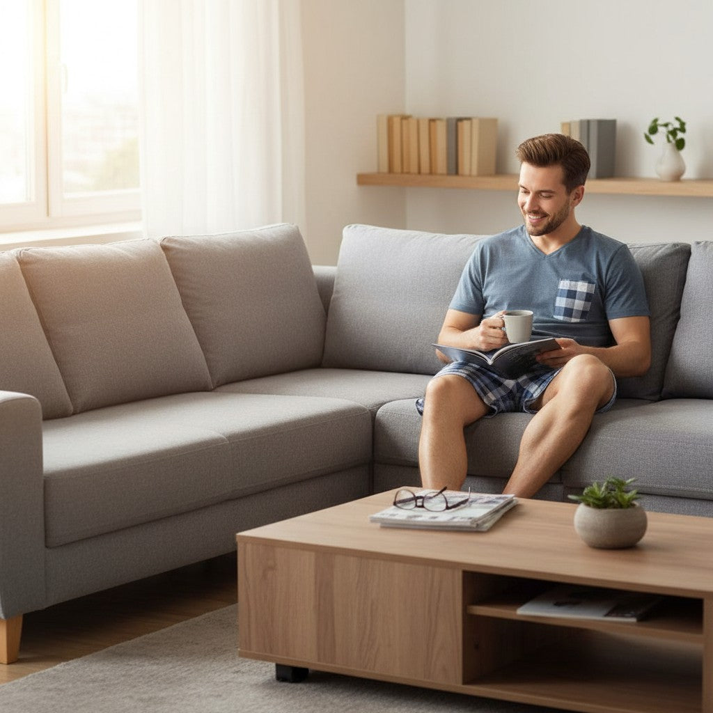 Checkered short pyjama set worn reading on a corner sofa
