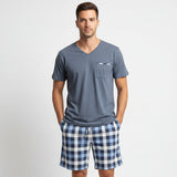 Slate blue V neck tee with a pocket and blue check shorts
