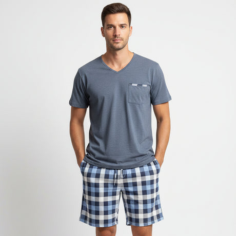Slate blue V neck tee with a pocket and blue check shorts