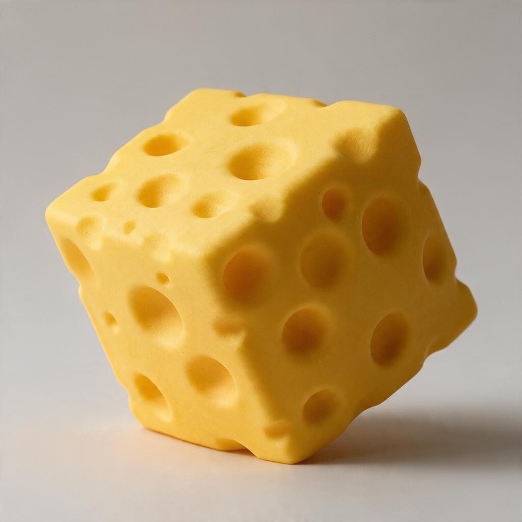 Angled view of a holey cheese block squishy showing its dimpled surface