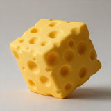 Angled view of a holey cheese block squishy showing its dimpled surface