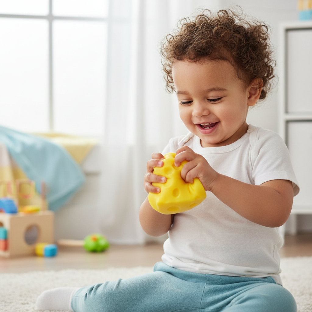Smiling toddler squeezing a yellow cheese squishy toy while playing on a rug