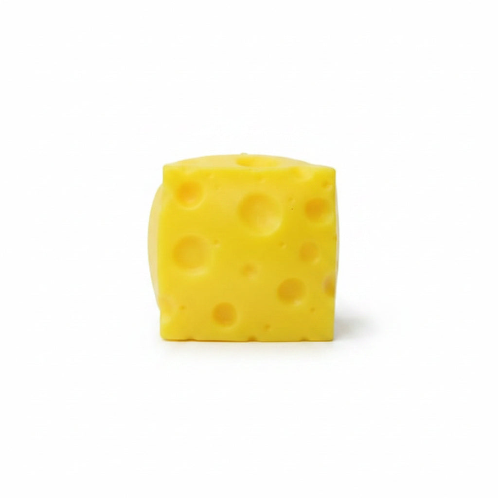 Yellow swiss cheese squishy stress toy with holes on a white background