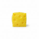 Yellow swiss cheese squishy stress toy with holes on a white background