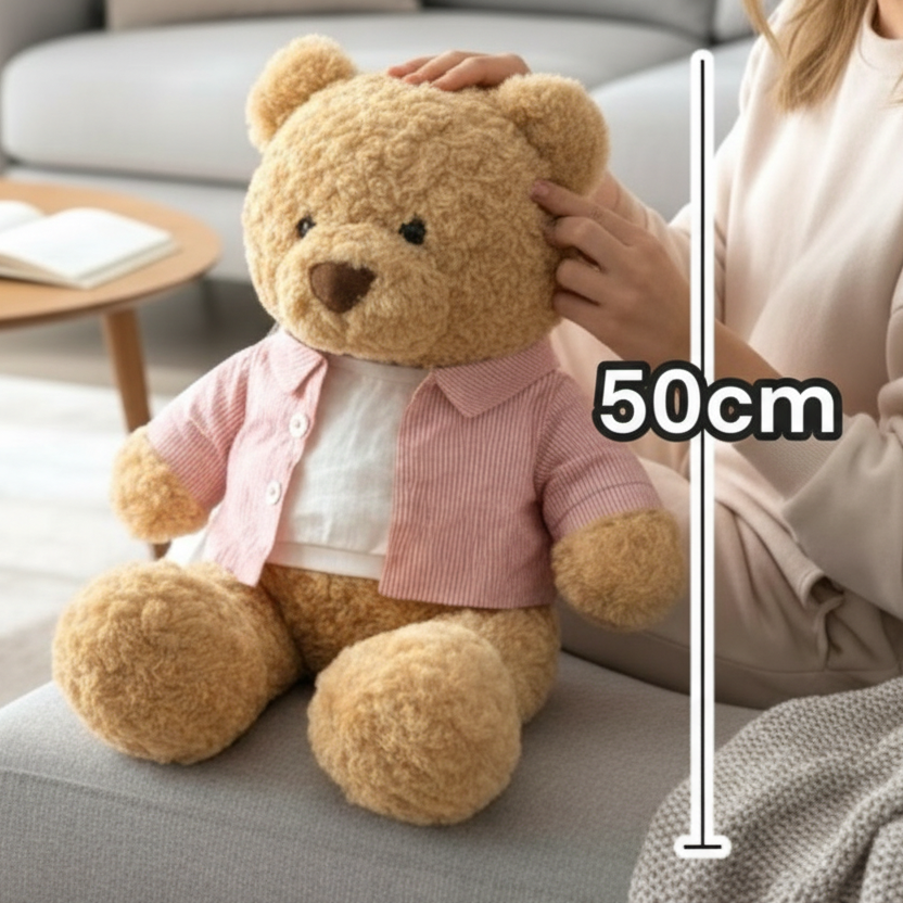 Curly caramel teddy bear in an open pink shirt seated on a grey sofa, marked 50cm