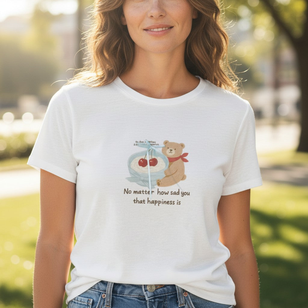 Woman in white tee with teddy bear and cherry bowl print, Jack Gifts Online Lebanon