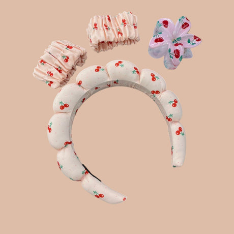 Cherry print spa headband set with two wrist bands and a floral claw clip