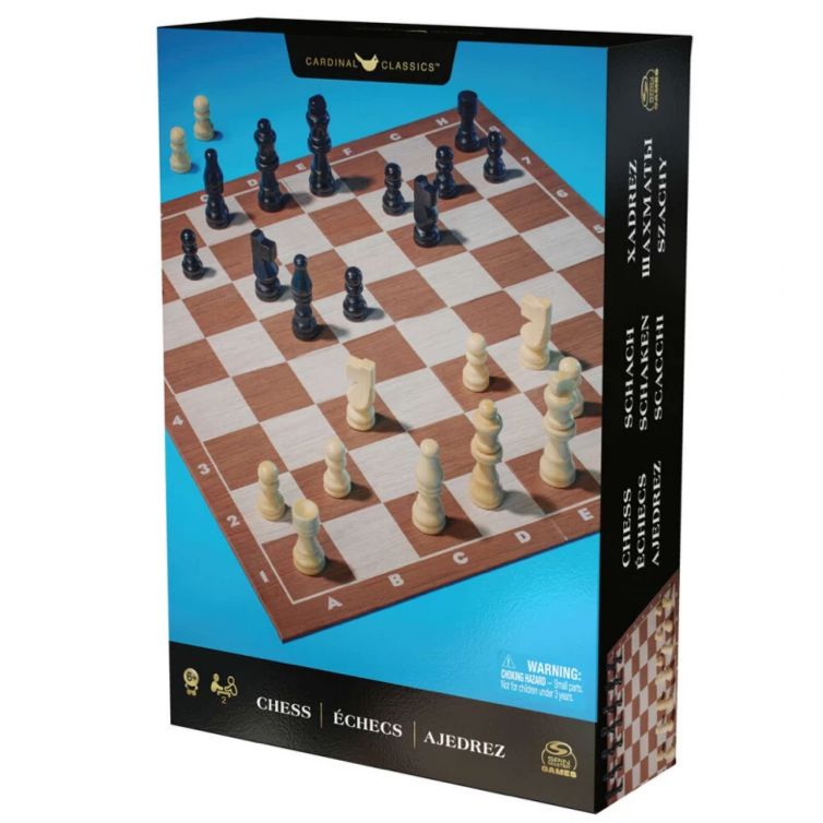 Side of the chess set box showing the game name printed in nine languages