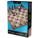 Side of the chess set box showing the game name printed in nine languages