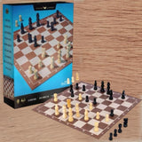 Chess board set up in front of its retail box on a wood grain background