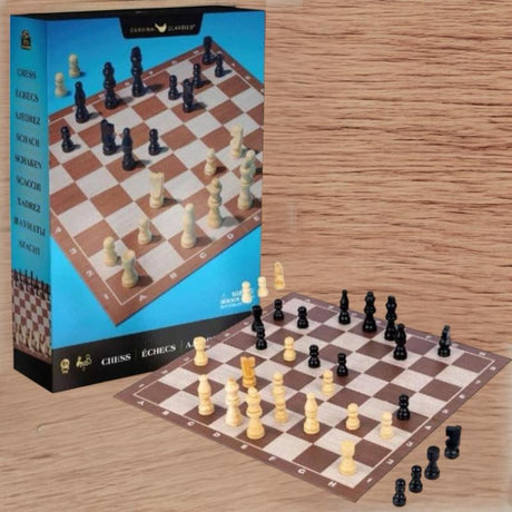 Chess board set up in front of its retail box on a wood grain background