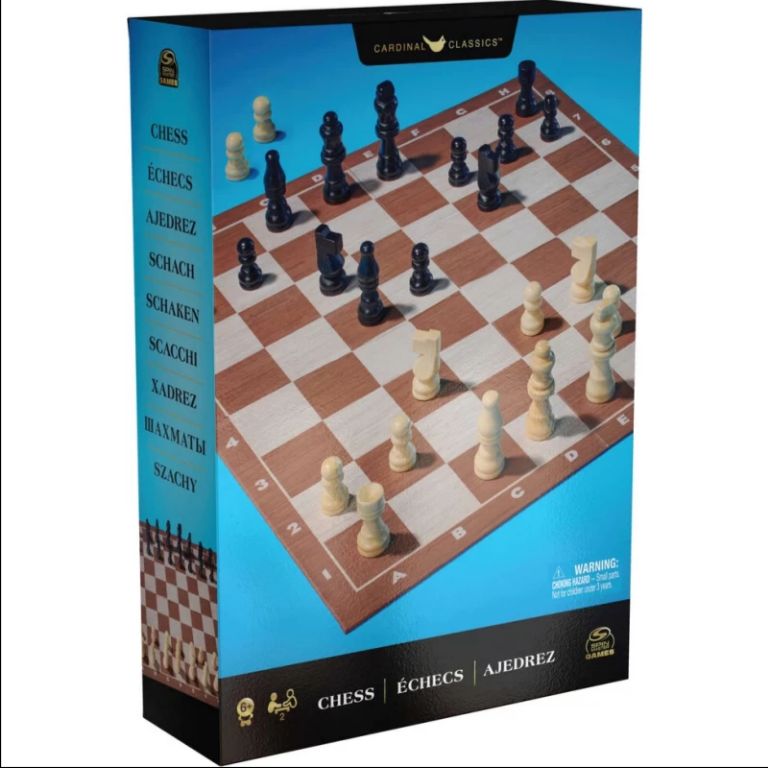 Blue retail box for the chess set showing the coordinate board on the front