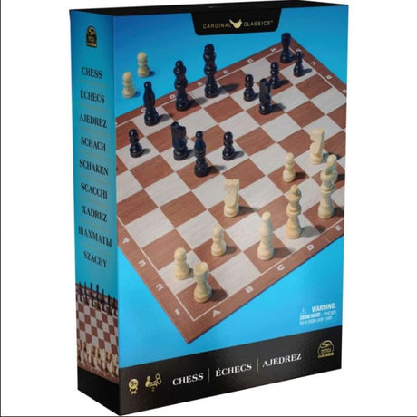 Blue retail box for the chess set showing the coordinate board on the front