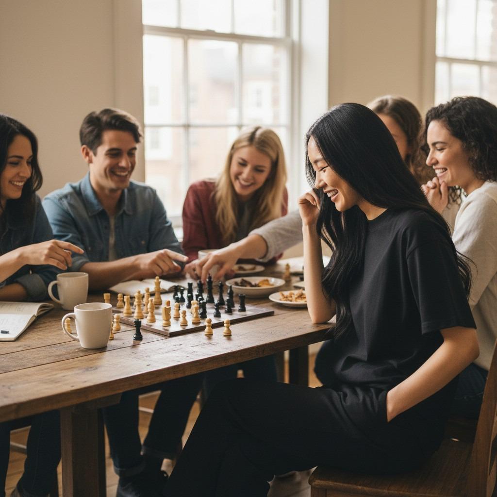 Friends gathered round a chess board with mugs and plates on the table