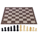 Empty coordinate chess board with one of each cream and black wooden piece below it