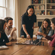 Group playing chess at a long table in a book lined room