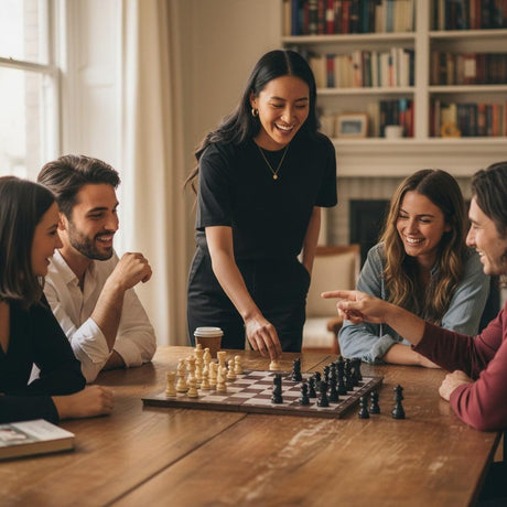 Group playing chess at a long table in a book lined room