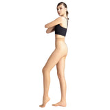Camel sheer tights in profile, one leg bent at the knee