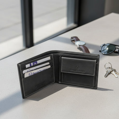 Grey leather wallet with keys and sunglasses on a light surface