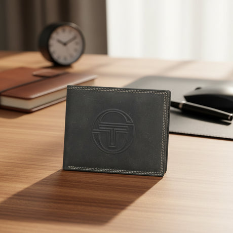 Grey leather wallet with a logo on a wooden surface
