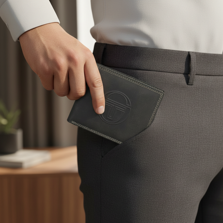 Person in a suit holding a grey leather wallet with a logo