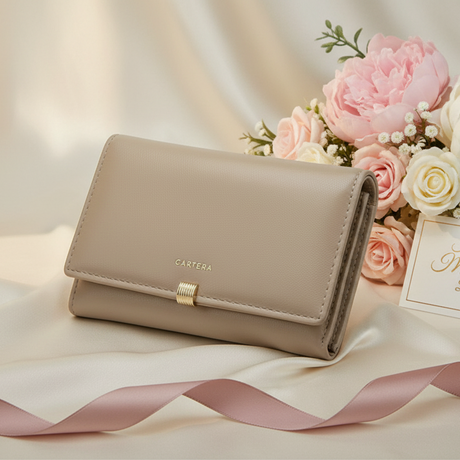 Beige wallet on a beige fabric background with flowers and a 'Happy Mother's Day' card
