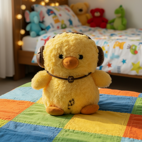 Fluffy yellow chick plush wearing small headphones