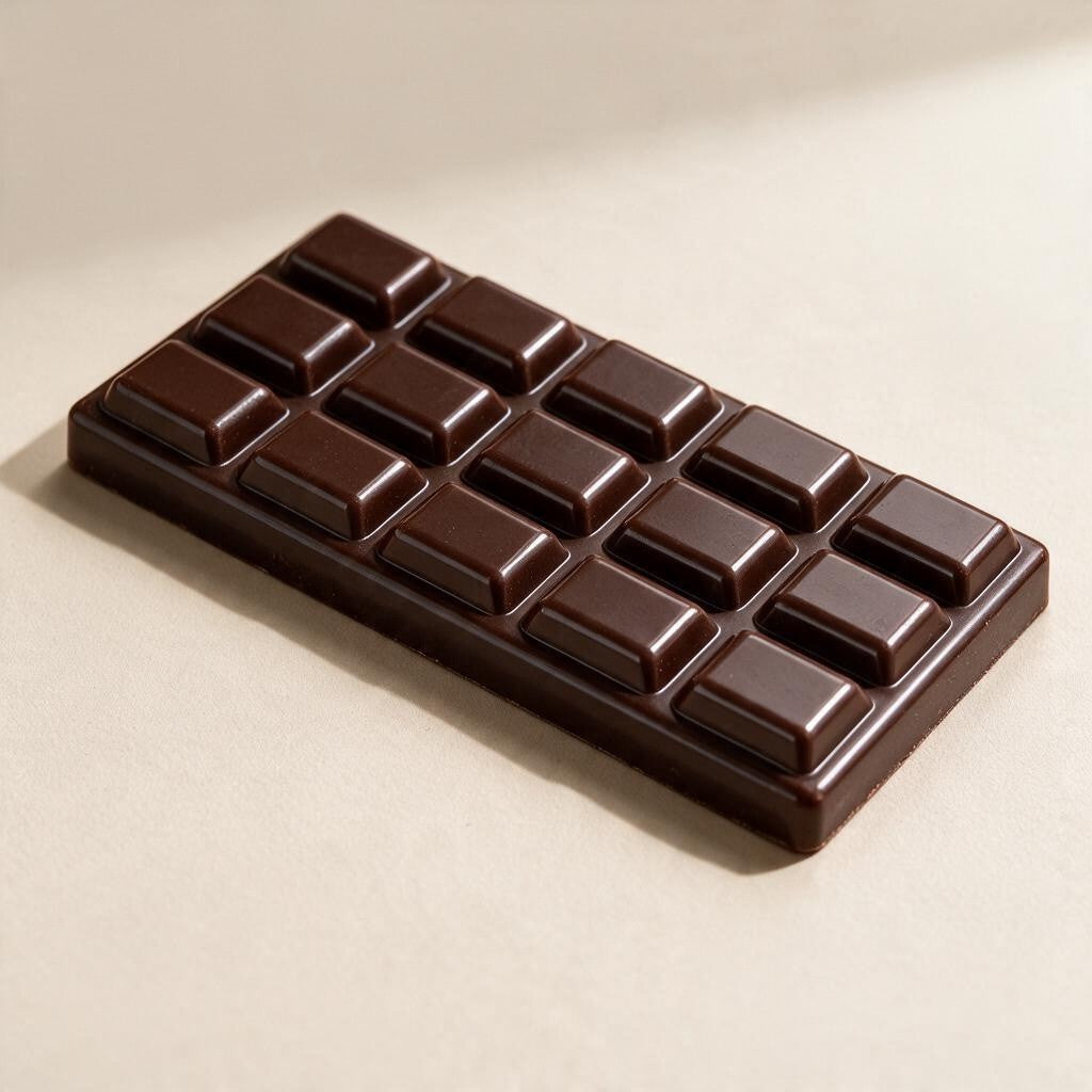 Dark brown chocolate bar squishy with raised glossy squares on a beige surface