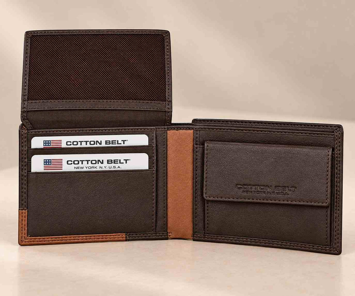 Brown and tan wallet with its inner flip panel open above two stacked cards