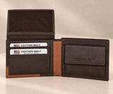 Brown and tan wallet with its inner flip panel open above two stacked cards