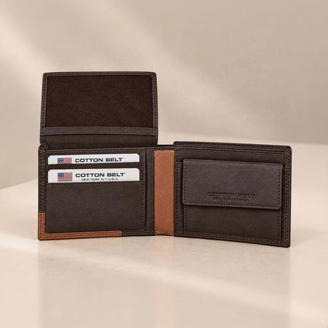 Brown and tan wallet with its inner flip panel open above two stacked cards