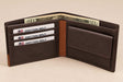 Chocolate brown bifold with a tan spine, flap coin purse and dollar notes behind