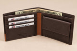 Chocolate brown bifold with a tan spine, flap coin purse and dollar notes behind