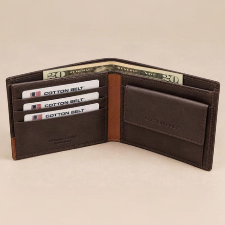 Chocolate brown bifold with a tan spine, flap coin purse and dollar notes behind