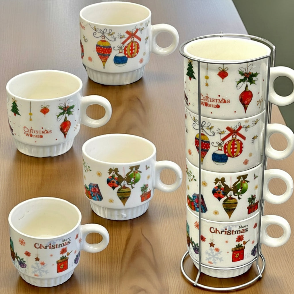 Christmas mugs with hanging ornament and gift prints shown beside their stacking rack