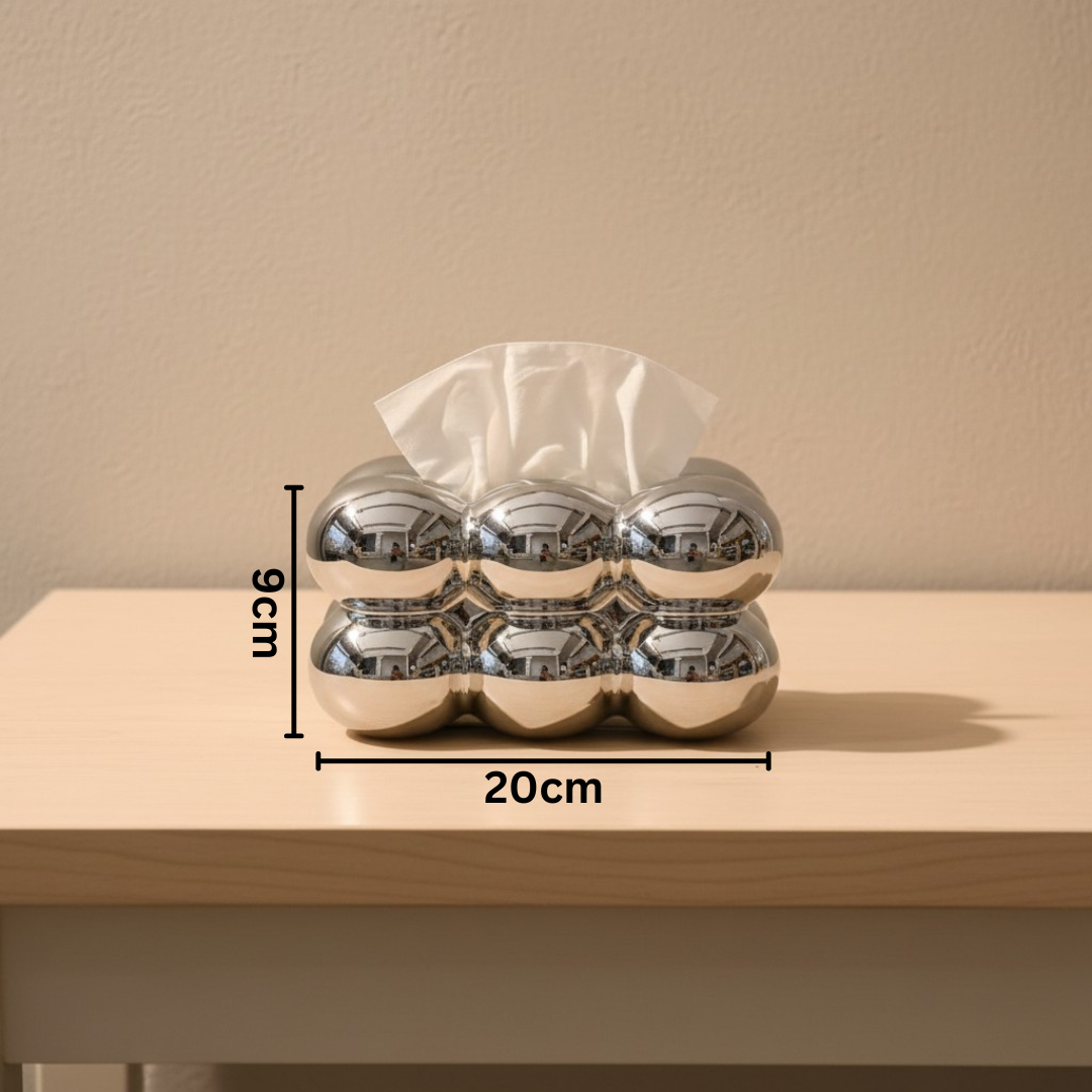 Decorative tissue holder with dimensions on a beige background