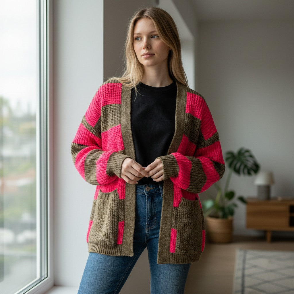 Oversized striped cardigan in fuchsia, standing by a bright window