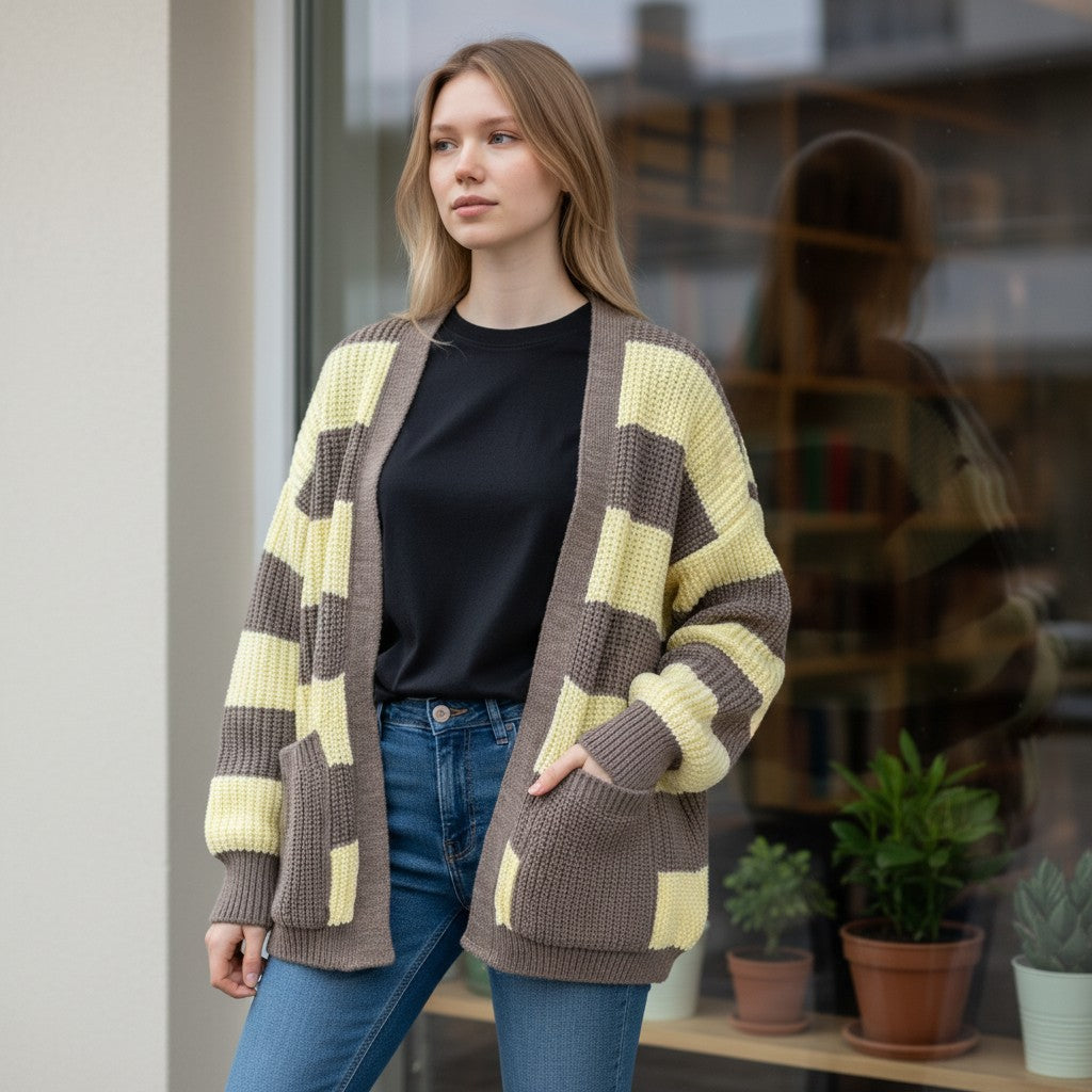 Pastel yellow stripe cardigan with deep front pockets, seen from a slight angle