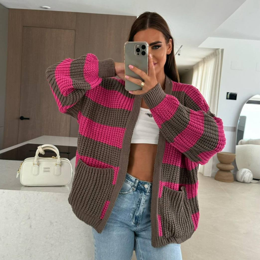 Taupe chunky knit cardigan with fuchsia stripes and patch pockets, mirror selfie