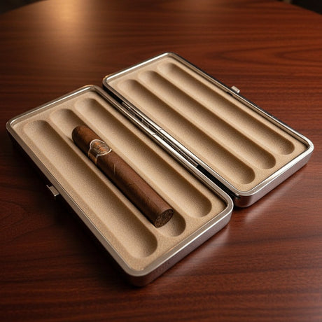 Open cigar case with a single cigar on a wooden surface