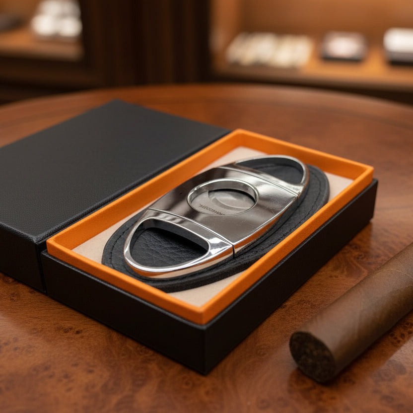 Cigar cutter in a black and orange box on a wooden surface