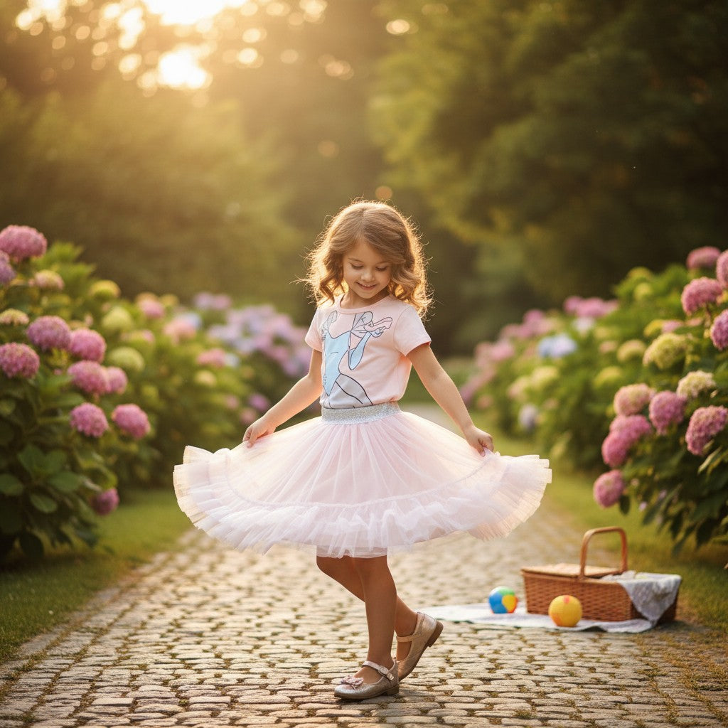 Blush pink girls set with a Cinderella line art tee and layered tulle tutu skirt