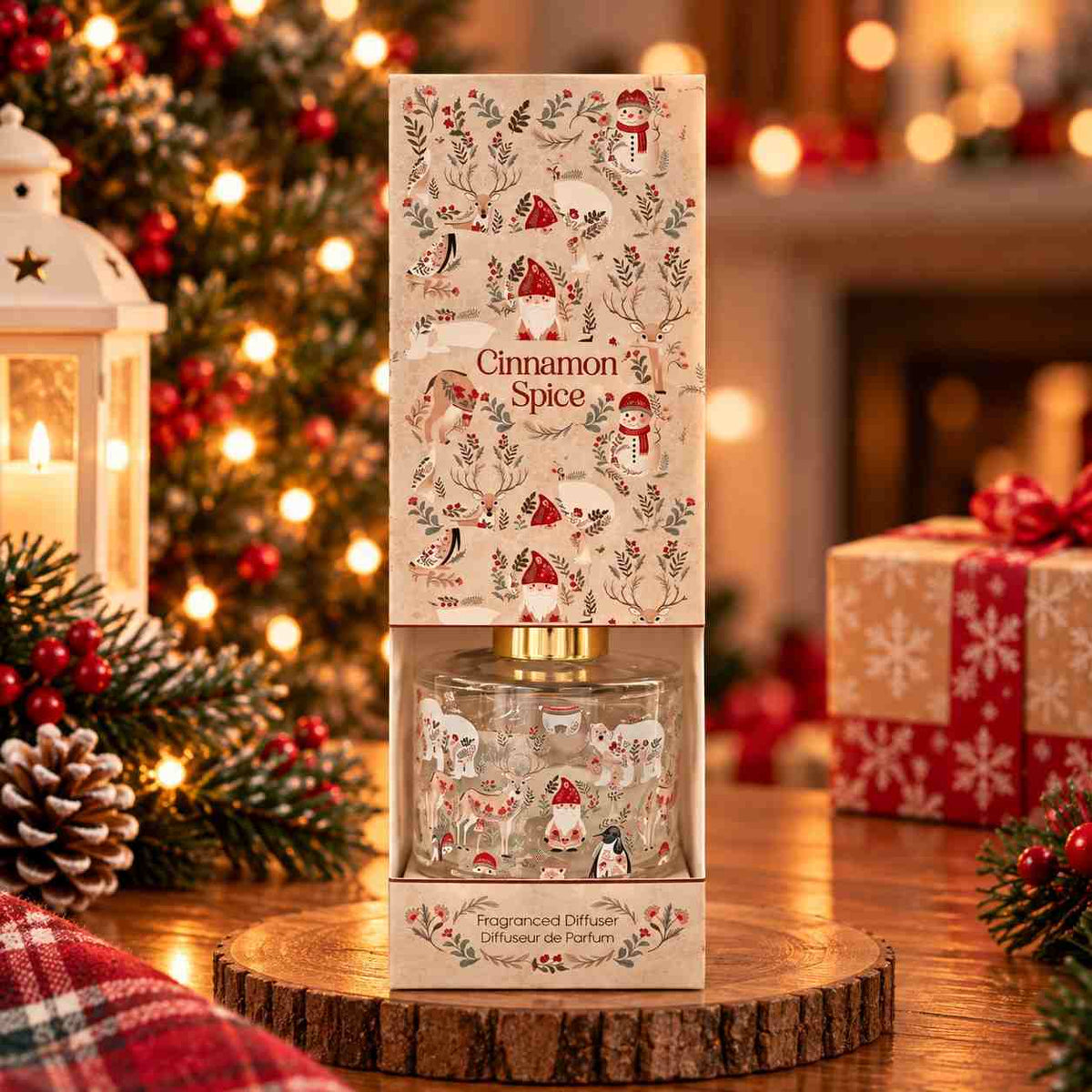 Cinnamon spice reed diffuser in a cream gift box printed with gnomes, snowmen and reindeer