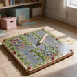 Wooden magnetic maze with a city road map, lettered toy cars and a wooden pen on a wood floor