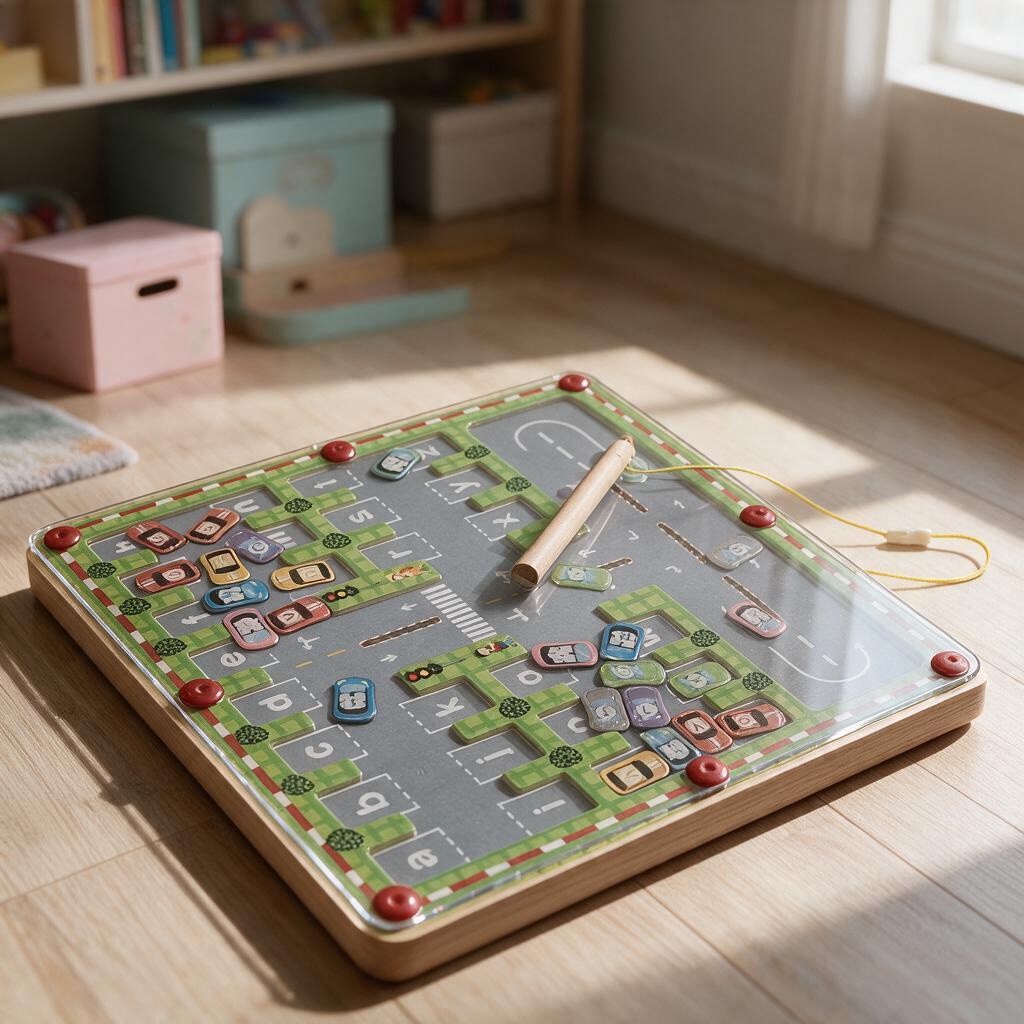 Wooden magnetic maze with a city road map, lettered toy cars and a wooden pen on a wood floor