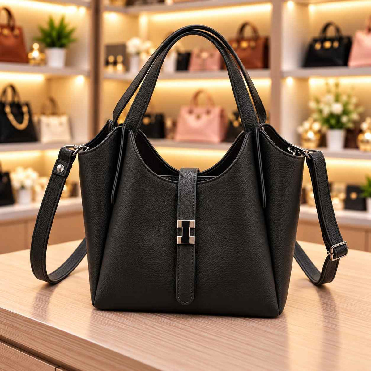 Black bucket tote bag with a silver and black clasp on the front strap and a matching crossbody strap