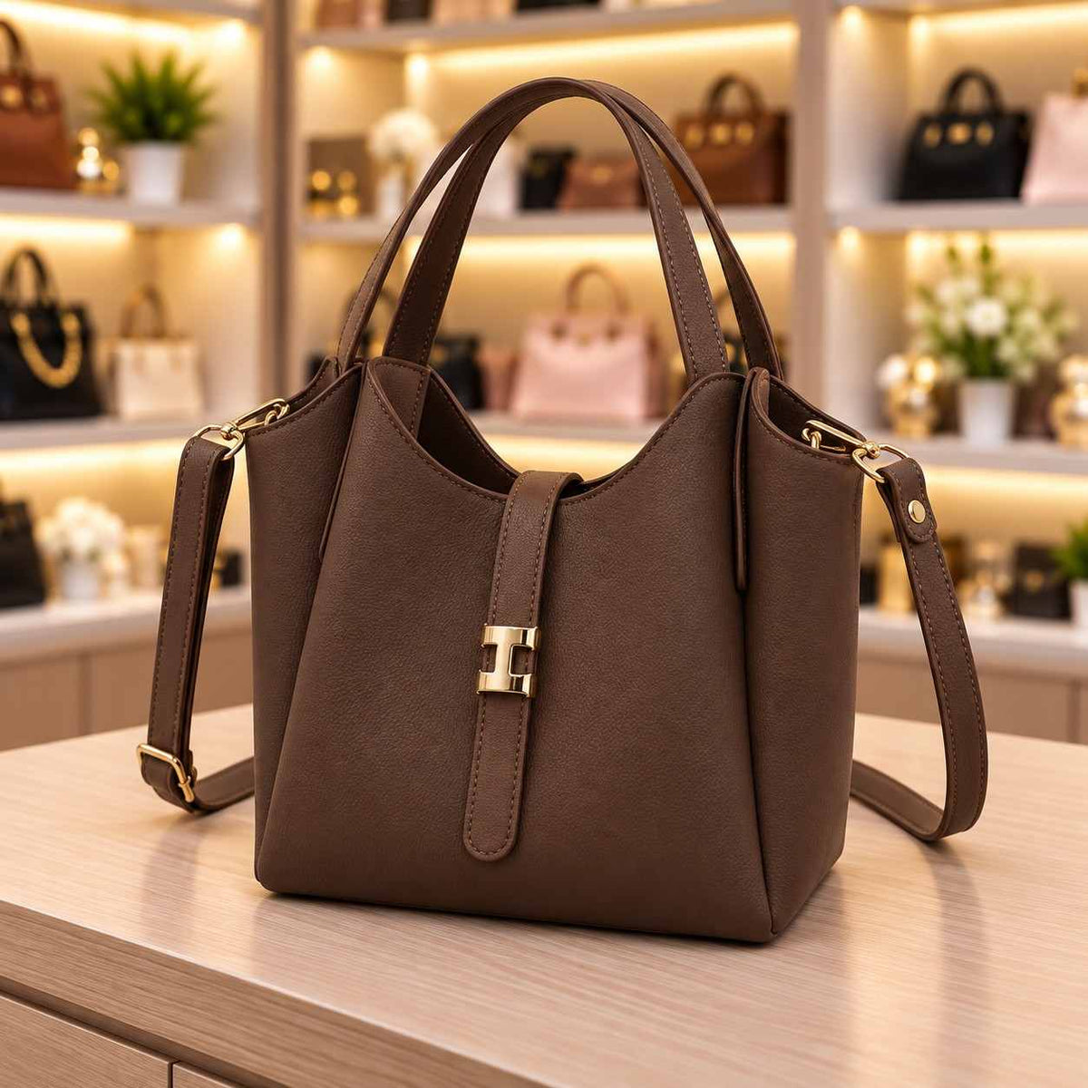Brown bucket tote bag with a gold clasp on the front tab and an adjustable crossbody strap